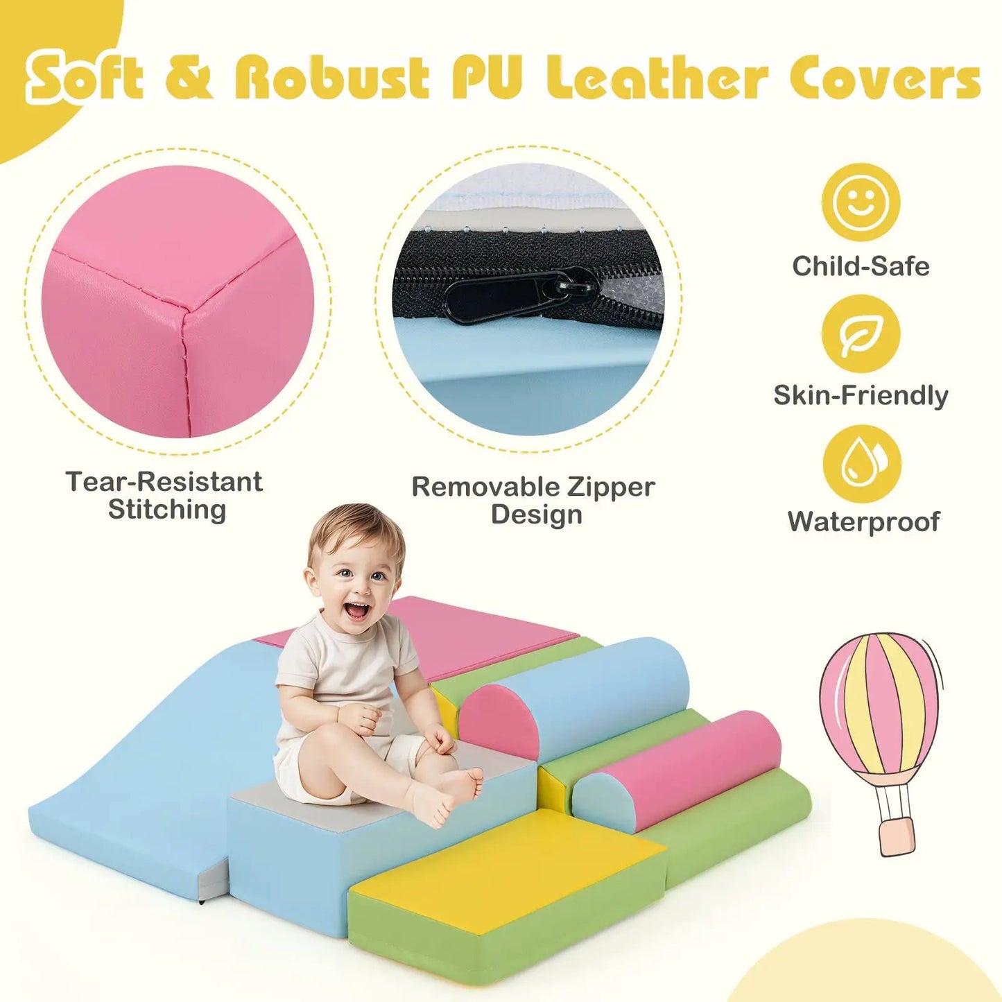 7-Piece DirectDeals foam climbing blocks for toddlers in pastel colors with a toddler on them on Tampa Home & Garden Store