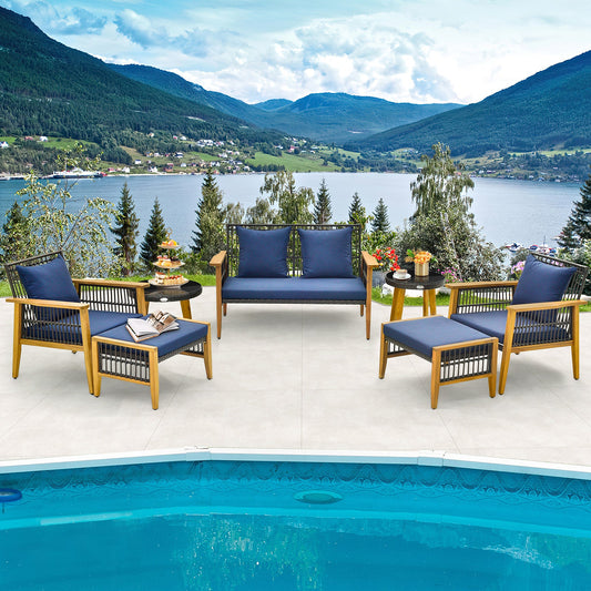 7 Piece Outdoor Conversation Set with Stable Acacia Wood Frame Cozy Seat & Back Cushions-Navy - Tampa Home & Garden Store
