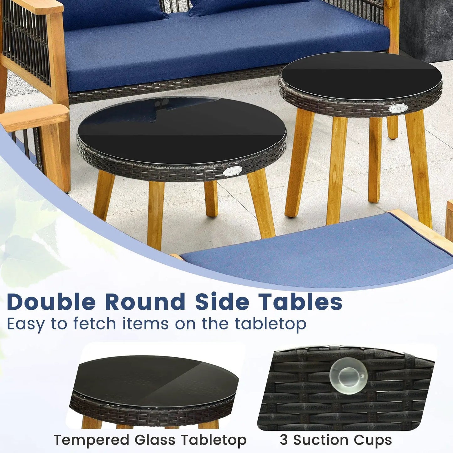 Double round wicker side tables with tempered glass tops and wood legs navy seating visible on Tampa Home & Garden Store