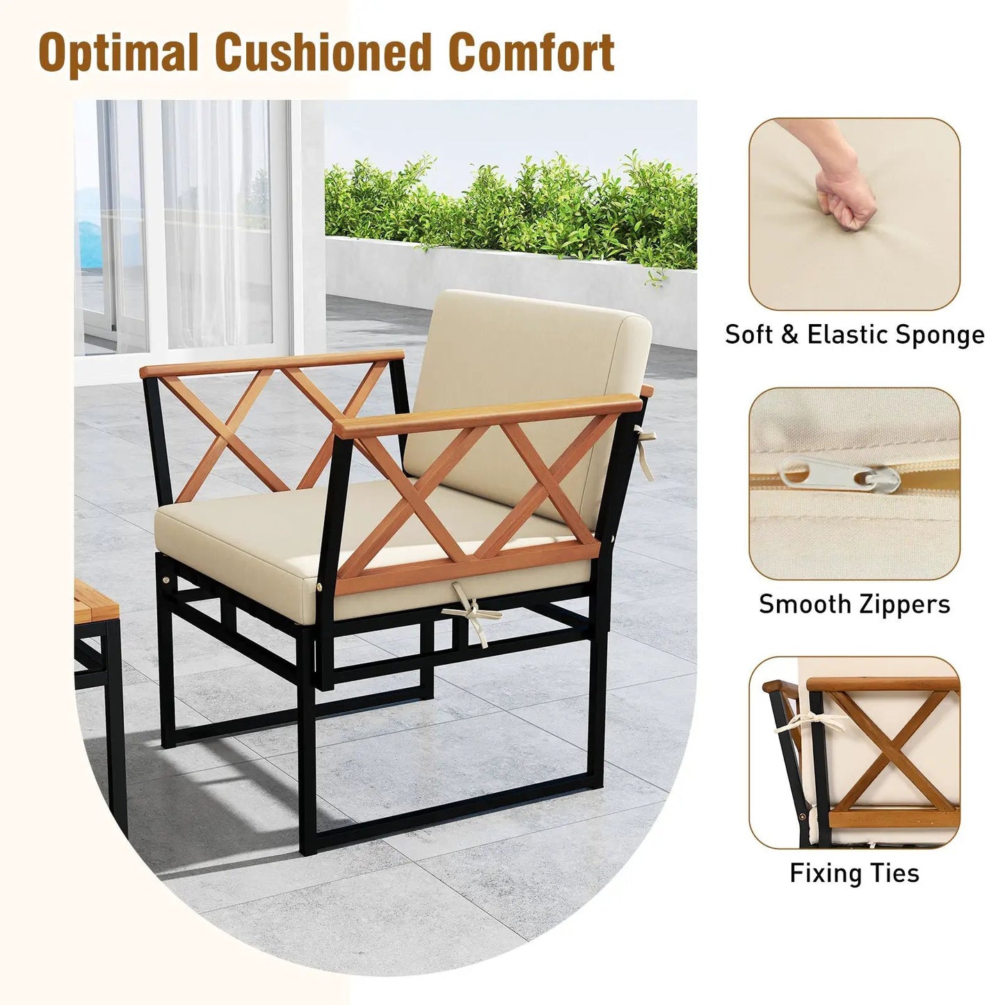 7 Piece Outdoor Conversation Set with Beige Cushions, wood X-back frame, black legs on Tampa Home & Garden Store