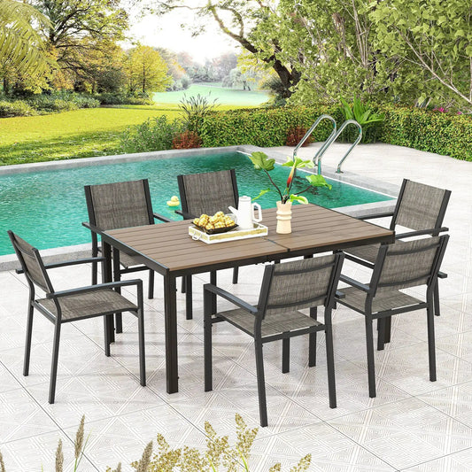 7 Piece Outdoor Dining Set with 6 Stacking Chairs in gray frames and brown slat tabletop on Tampa Home & Garden Store