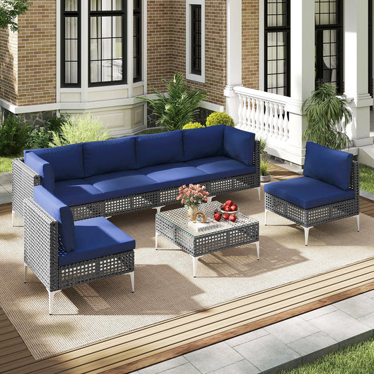 7 Piece Outdoor Furniture Set Wicker Chairs with Tempered Glass Coffee Table-Navy - Tampa Home & Garden Store