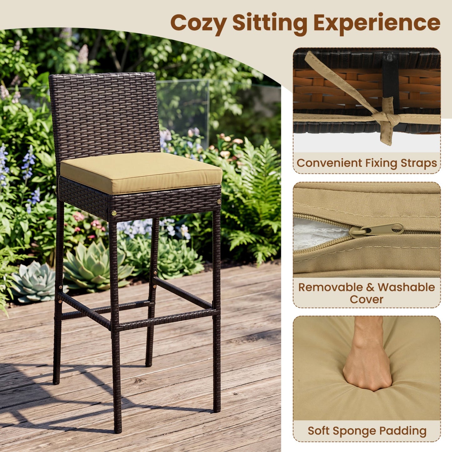 7-Piece Outdoor Wicker Bar Set with Acacia Table & Stools, brown wicker and tan cushions on Tampa Home & Garden Store