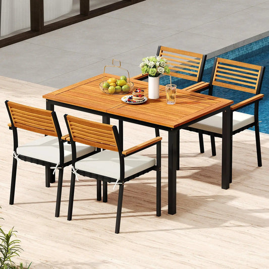 7-piece outdoor dining set with white cushions, wood table and black frames DirectDeals on Tampa Home & Garden Store