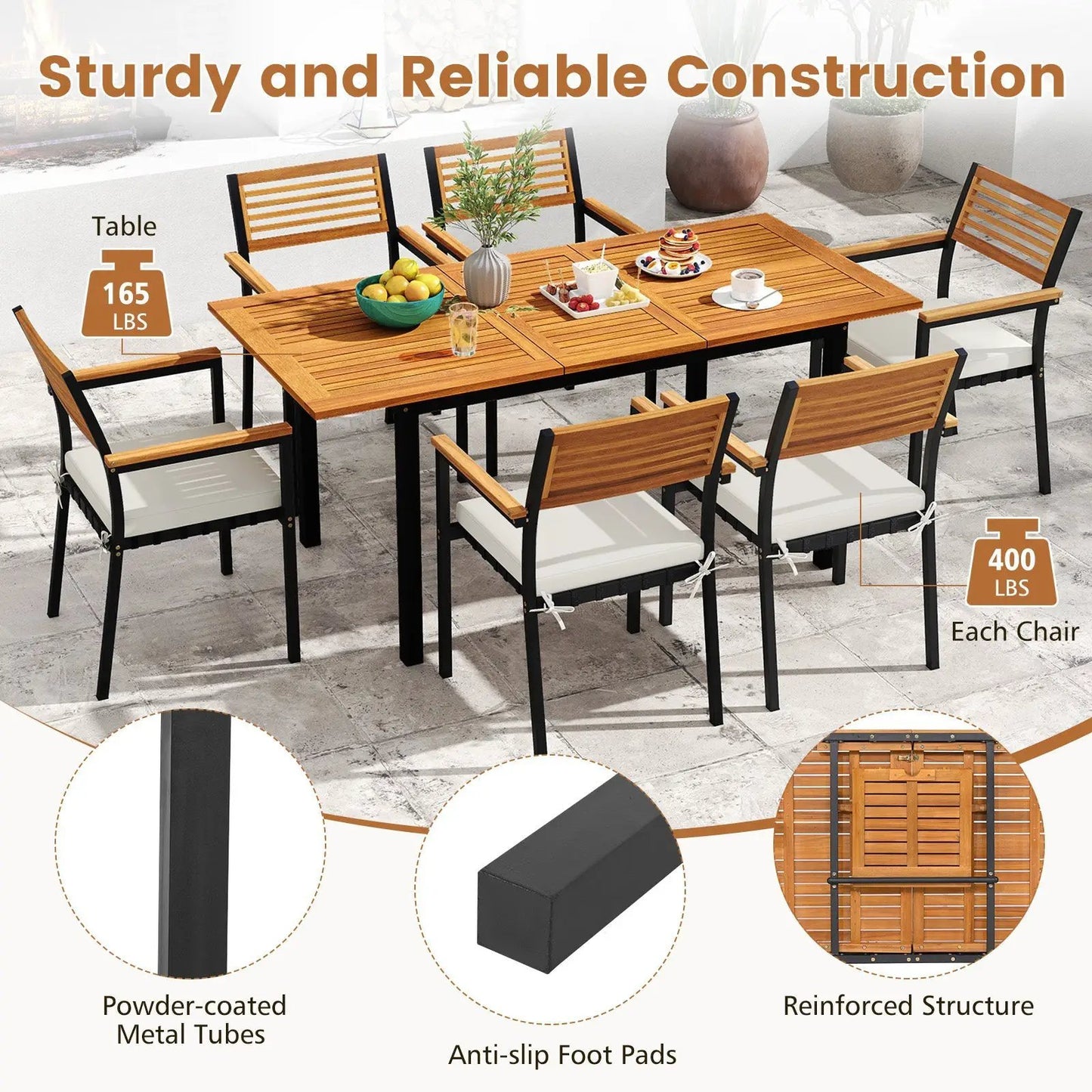 7-Piece Patio Dining Set with White Cushions, wood slat table and black metal frames DirectDeals on Tampa Home & Garden Store