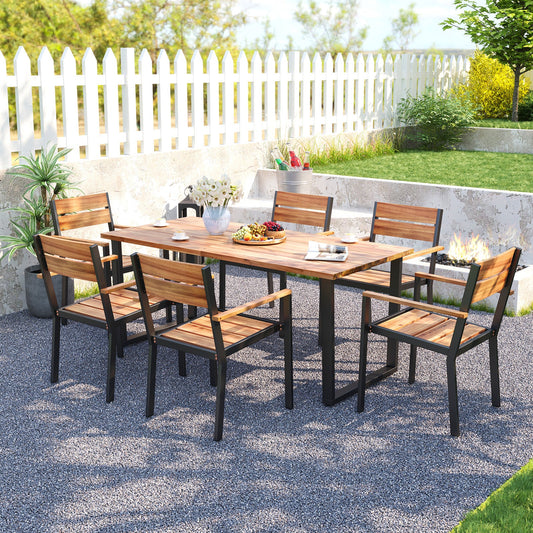 7 Pieces Acacia Wood Patio Dining Set with Metal Frame and 2 Inches Umbrella Hole - Tampa Home & Garden Store