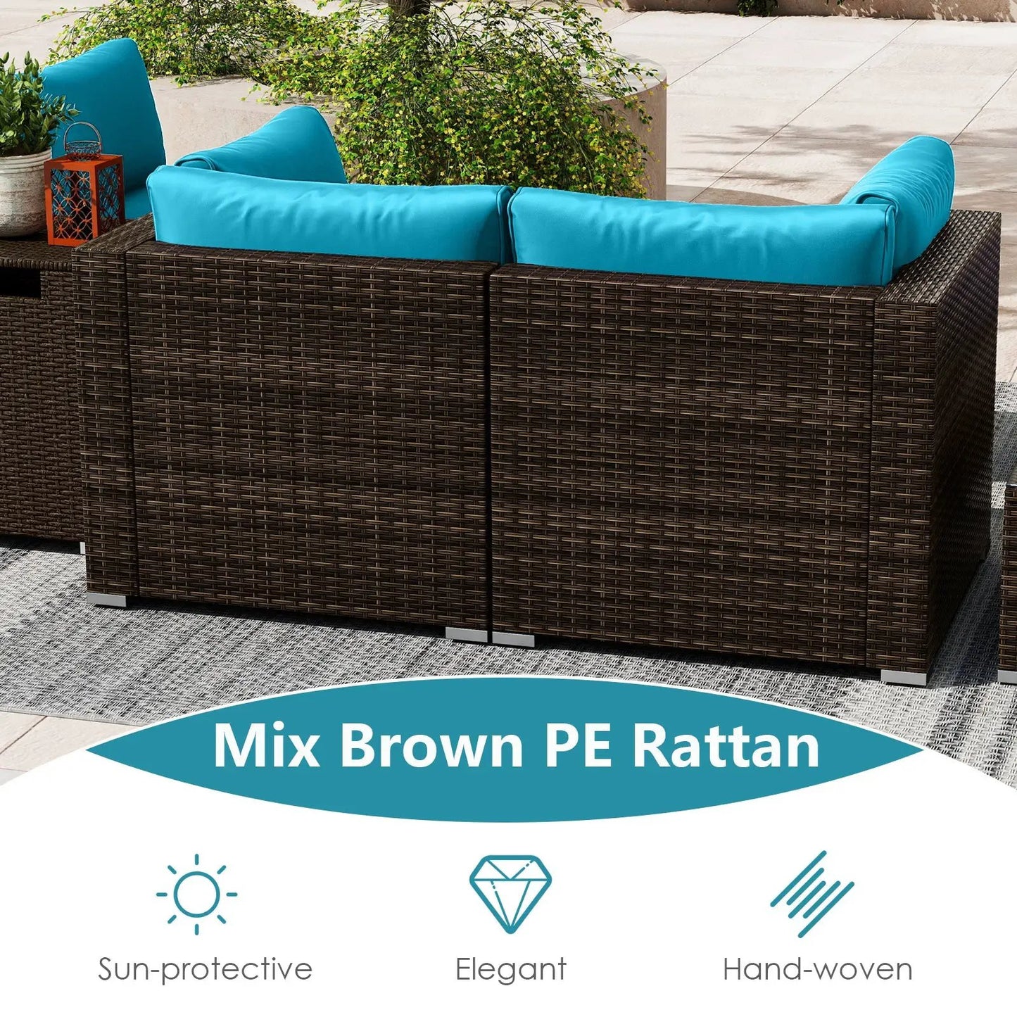 7-Piece Outdoor Furniture Set with Fire Pit Table brown PE rattan and turquoise cushions on Tampa Home & Garden Store