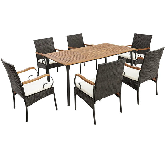 Patio Wicker Dining Set with Detachable Cushions, 7-piece dark brown wicker with wood table on Tampa Home & Garden Store
