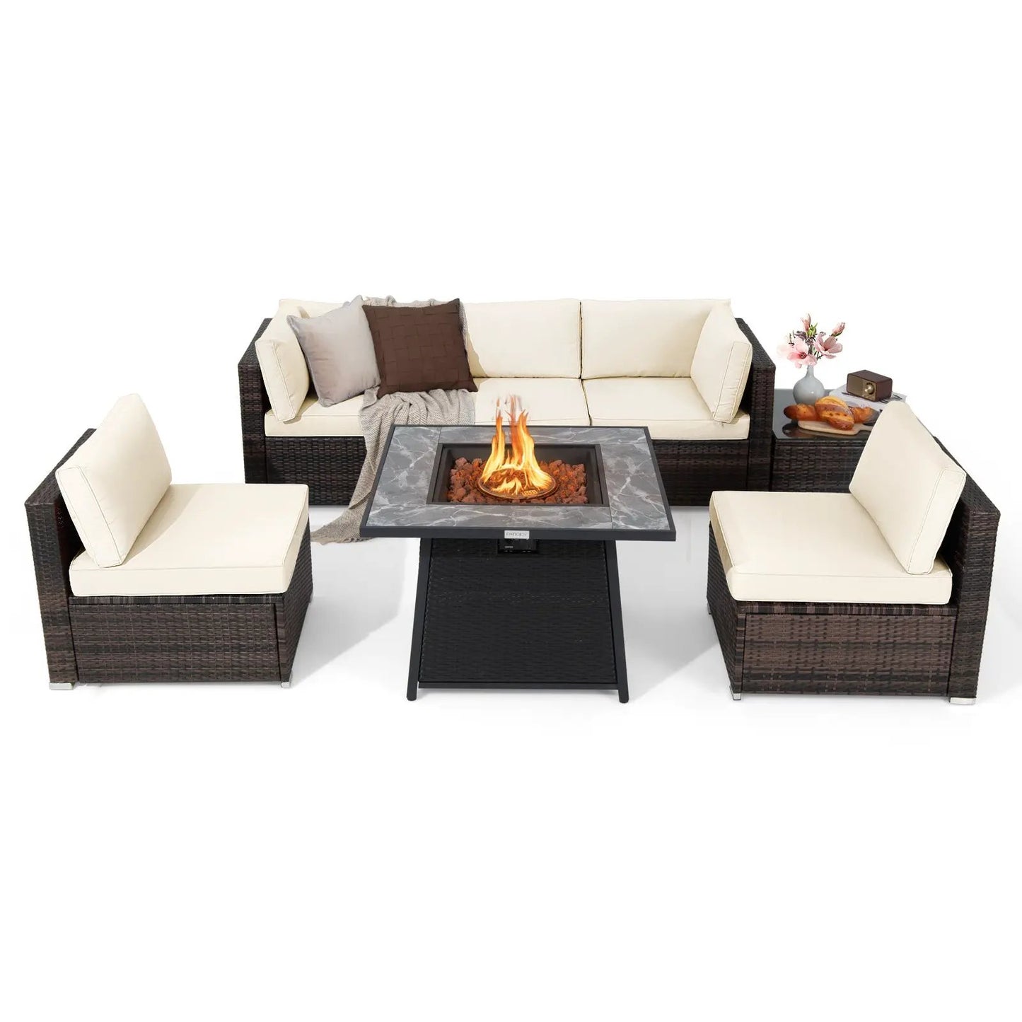 DirectDeals 7 Piece Outdoor Patio Set with Beige Cushions, dark wicker, center fire pit table on Tampa Home & Garden Store