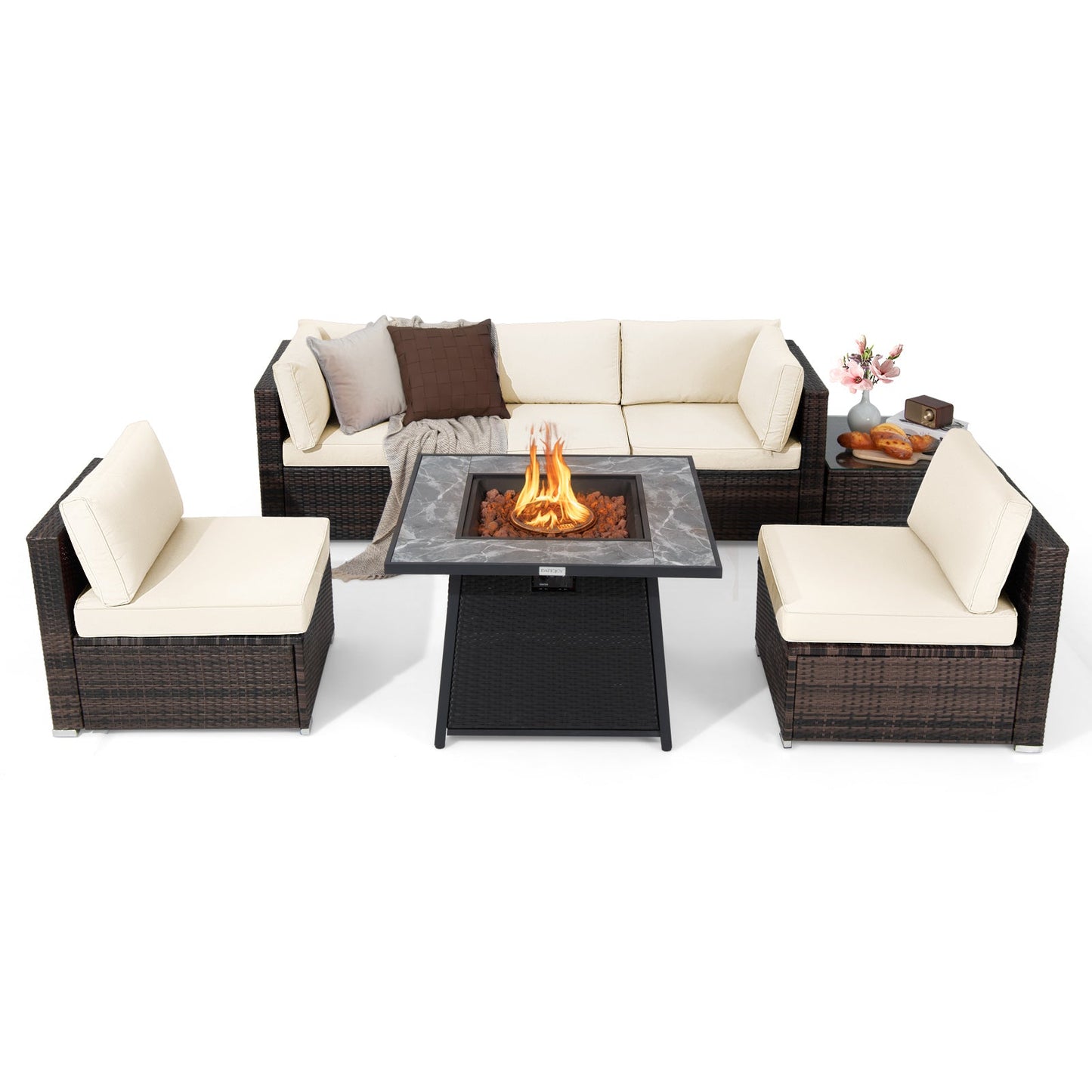 Juego de muebles de patio de 7 piezas con mesa de hoguera de gas propano de 35 pulgadas y 50 000 BTU y cubierta impermeable para la hoguera - Beige
