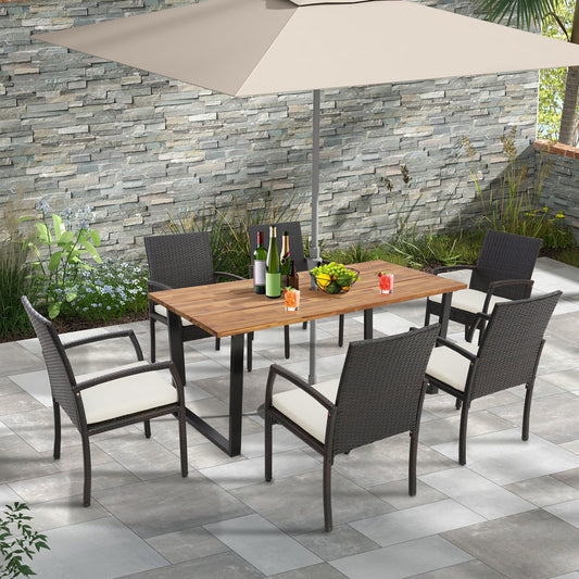7 Pieces Patio Rattan Dining Set with Umbrella Hole-L-shaped Handrail - Tampa Home & Garden Store
