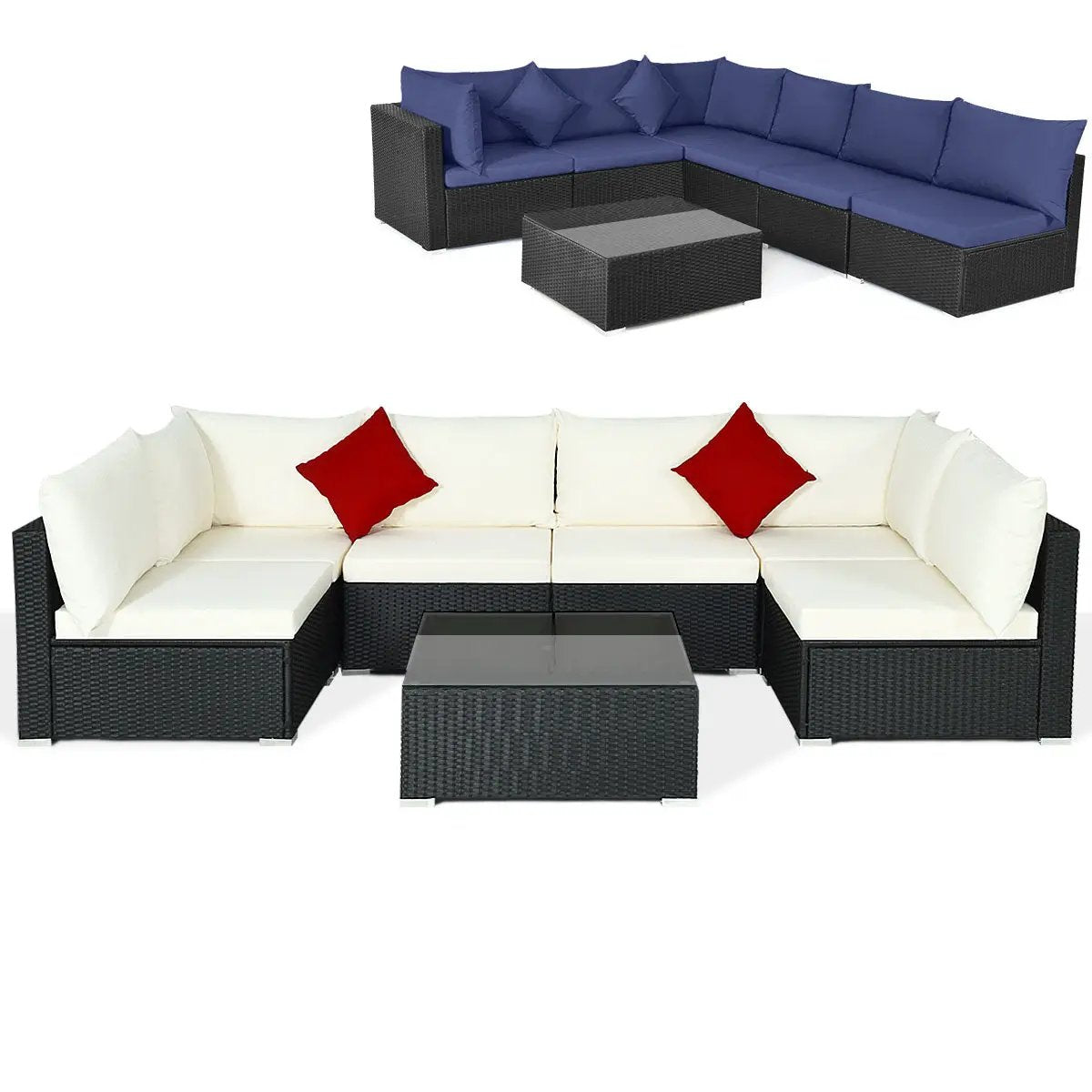 7 Piece Wicker Sectional Sofa Set With Glass Top navy cushions and white cushions with red pillows DirectDeals on Tampa Home & Garden Store