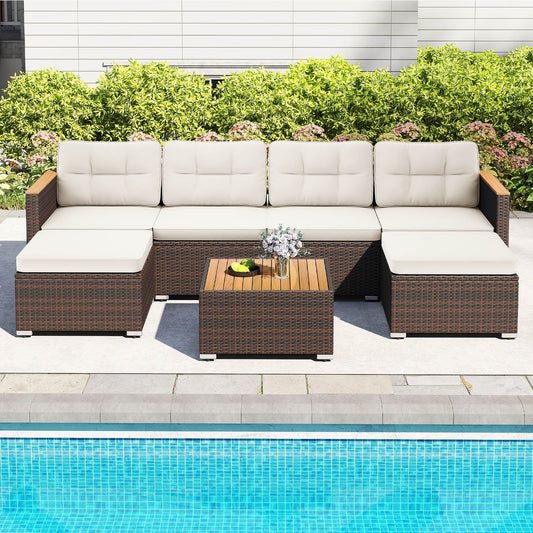 7 Pieces Wicker Conversation Set with Wood Armrests for Backyard-White - Tampa Home & Garden Store