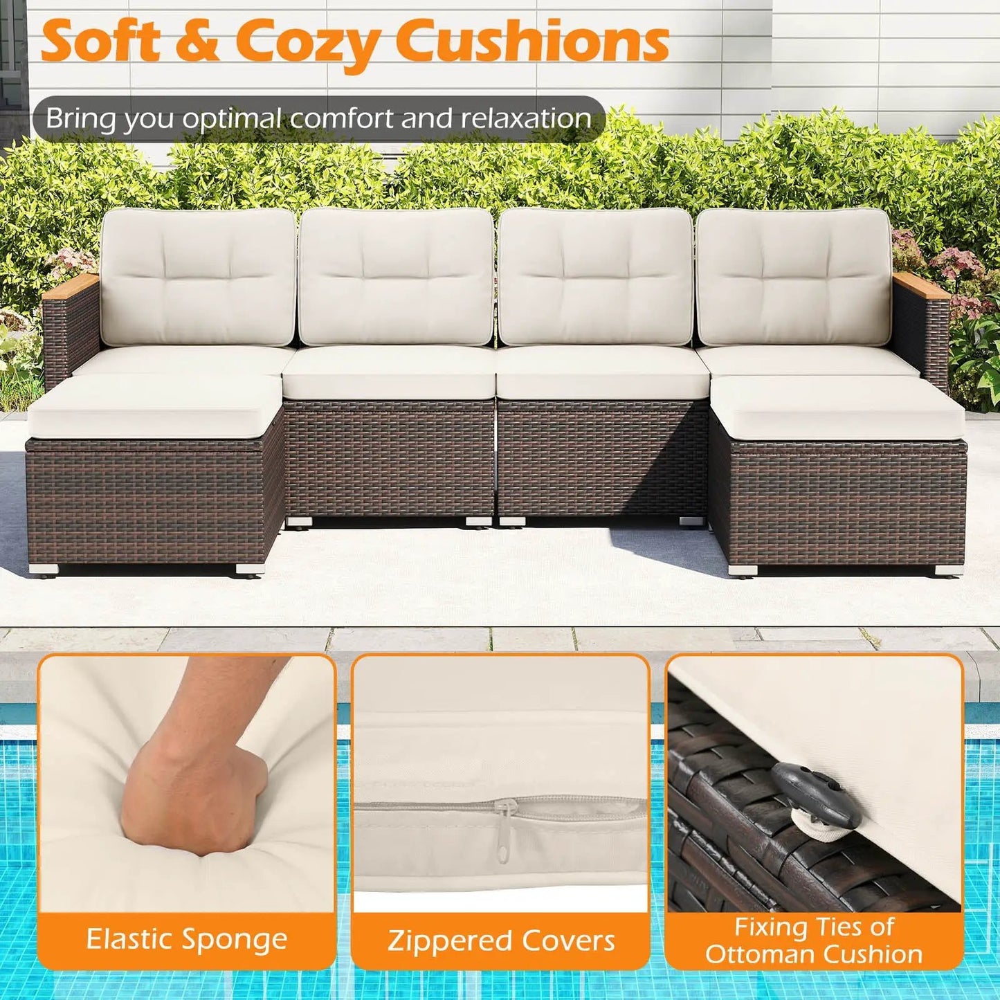 7-Piece wicker outdoor conversation set with cream cushions and wood armrests DirectDeals on Tampa Home & Garden Store
