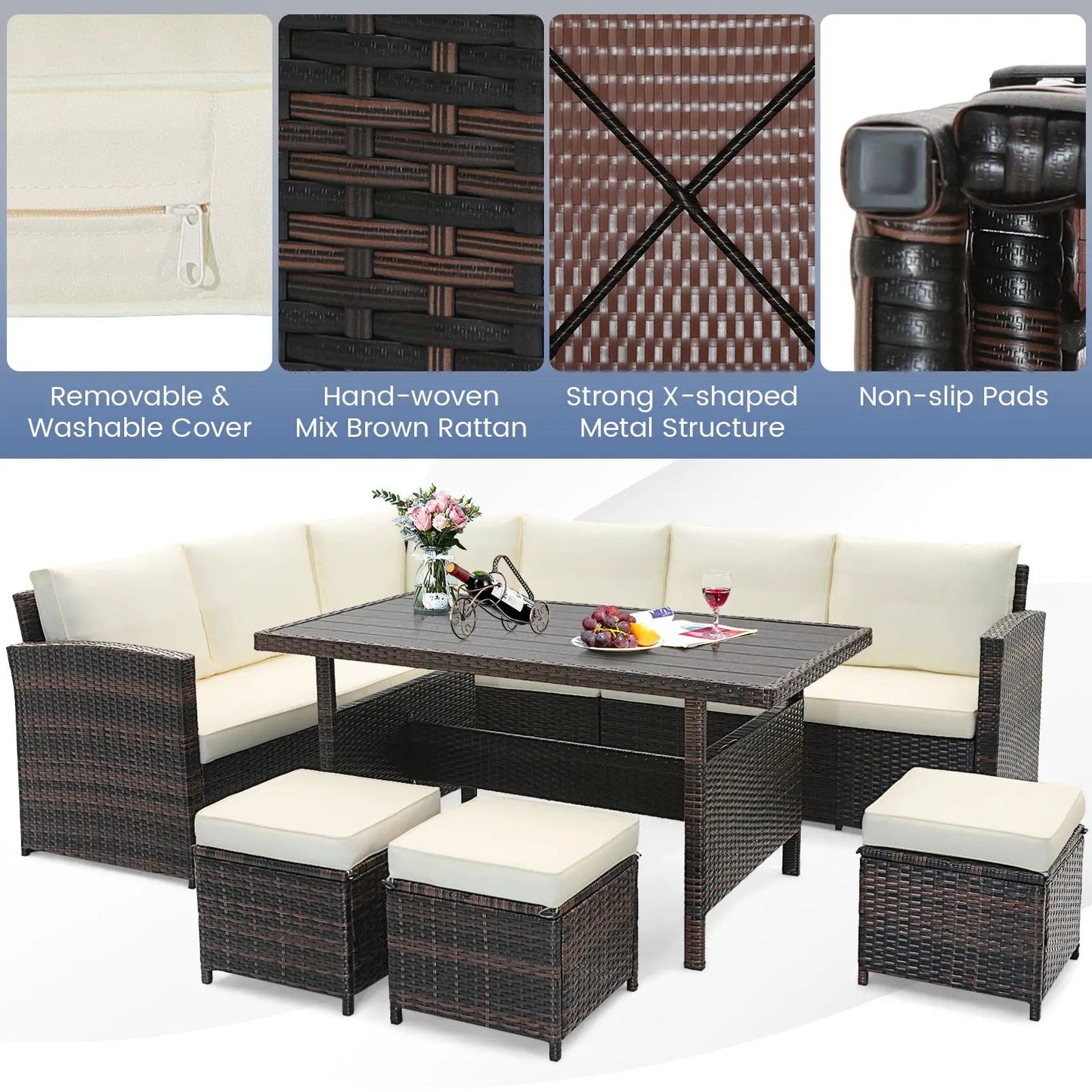 7-Piece Outdoor Wicker Patio Set with cream cushions and dark brown weave on Tampa Home & Garden Store