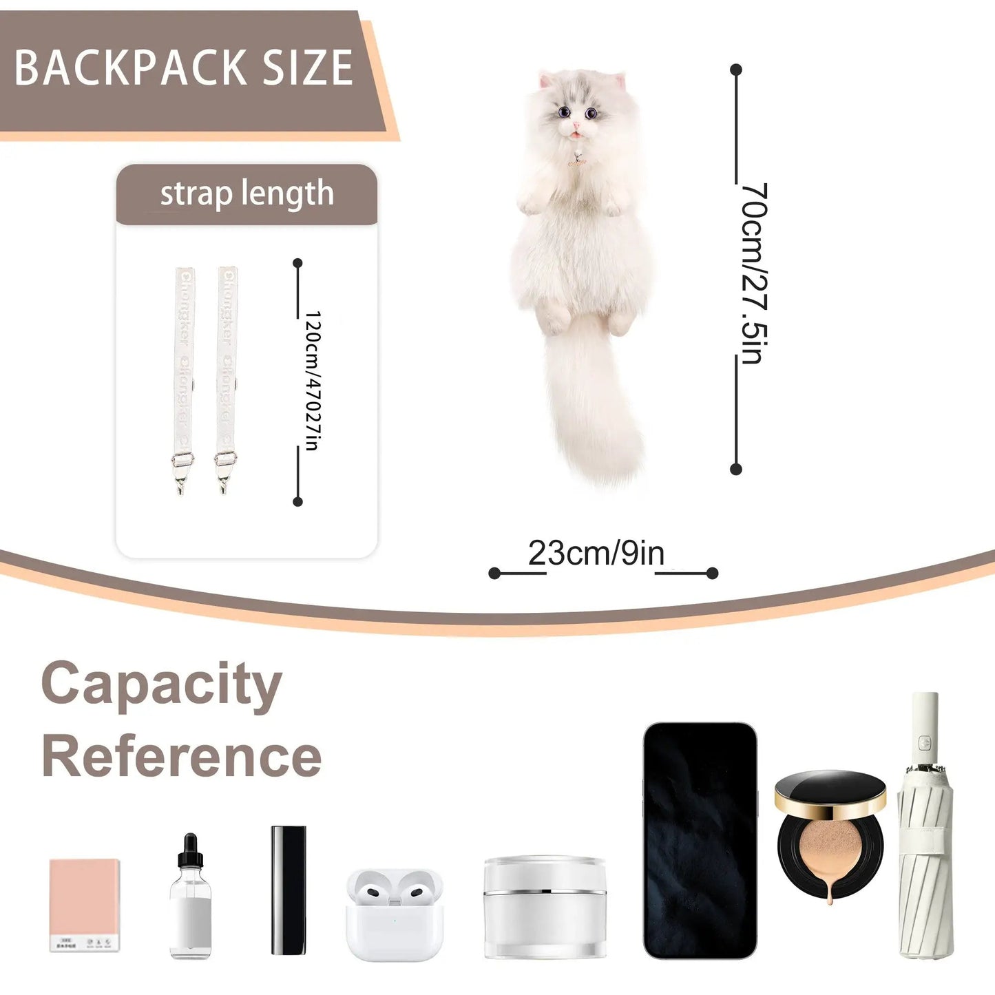 Chongker Minuet Cat Backpack wearable design, beige fluffy cat backpack with adjustable straps on Tampa Home & Garden Store