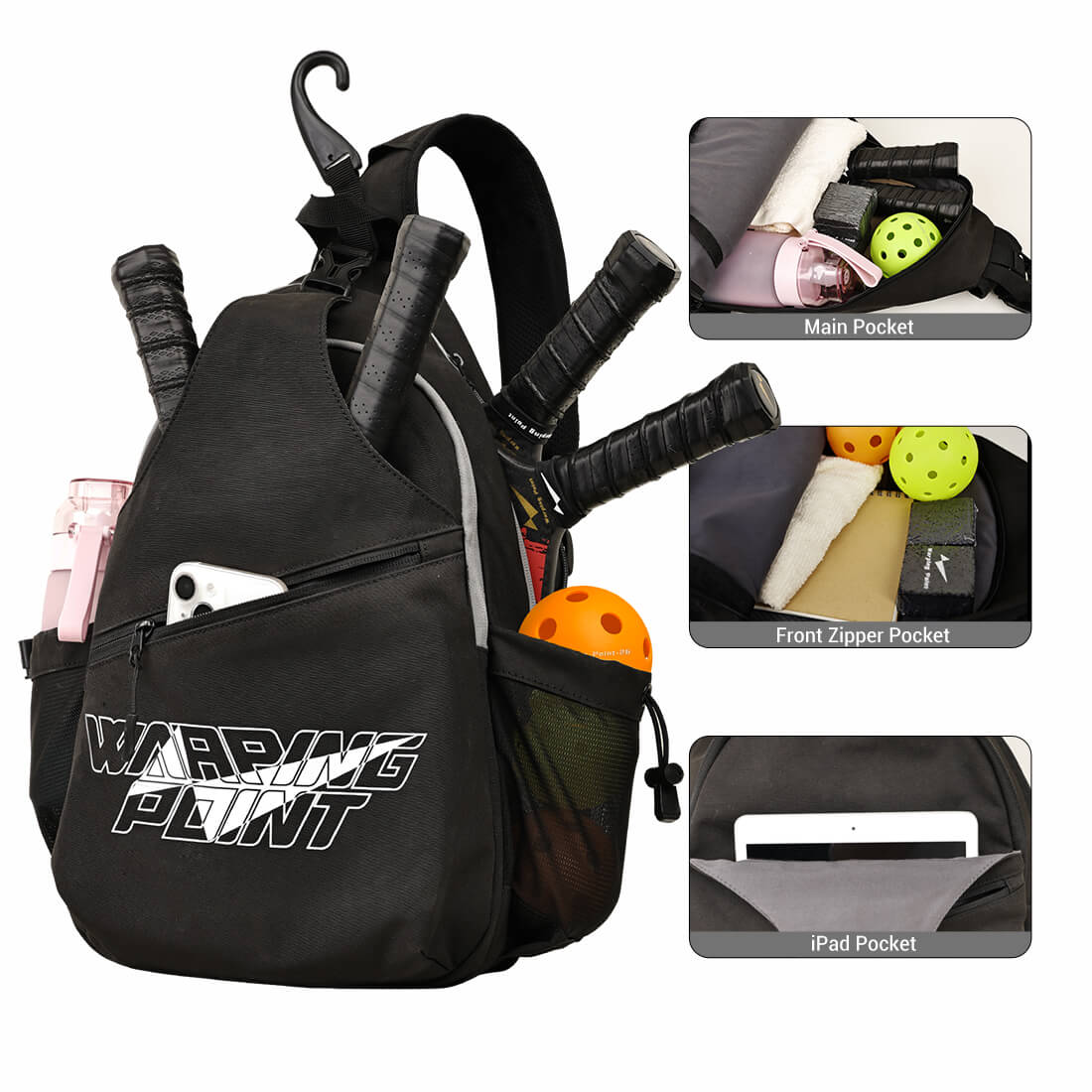 Pickleball sling bag Black by Warping Point holding two paddles, balls, and accessories on Tampa Home & Garden Store