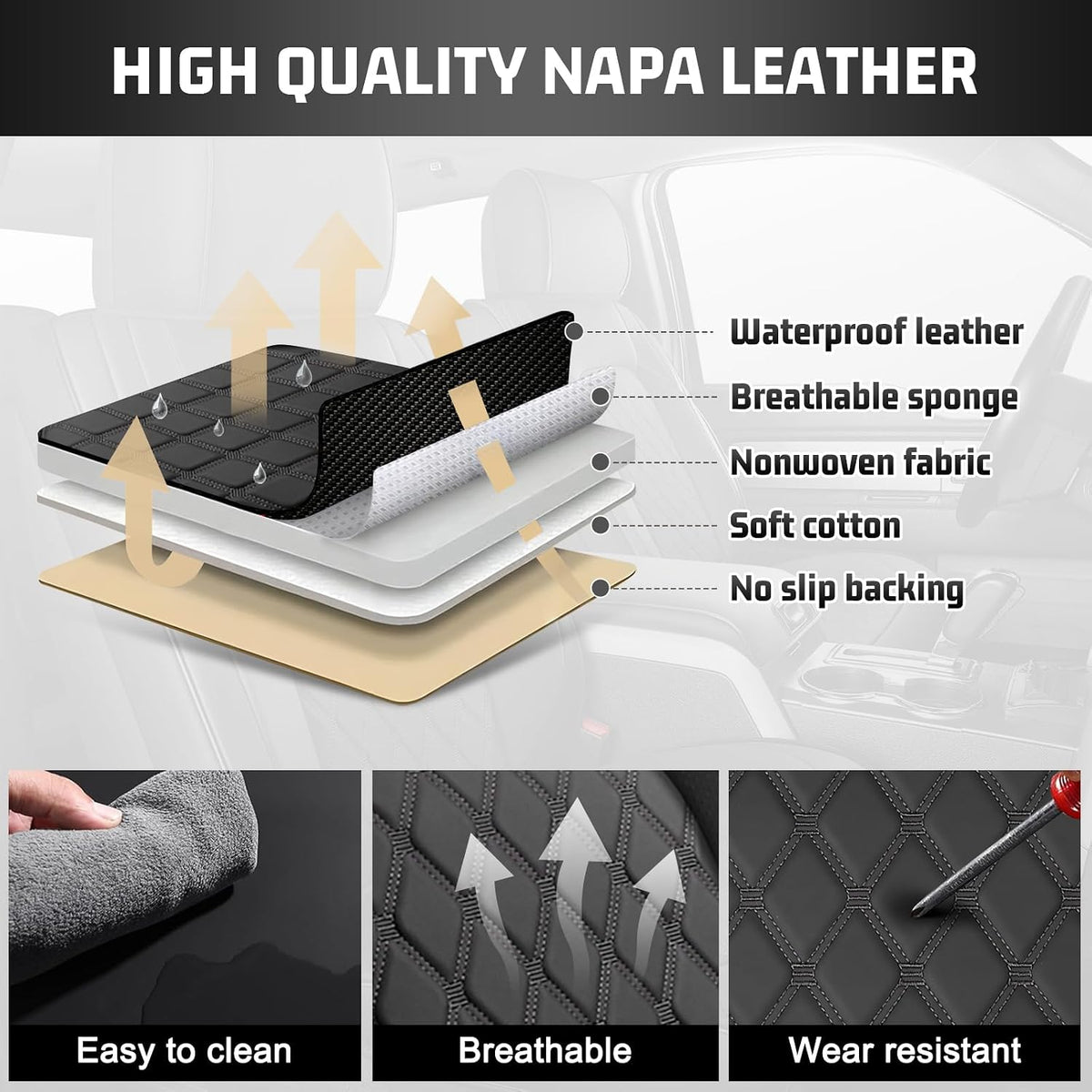 Umbrauto Ford F-150 seat cover in black quilted Napa leather with waterproof, breathable sponge on Tampa Home & Garden Store
