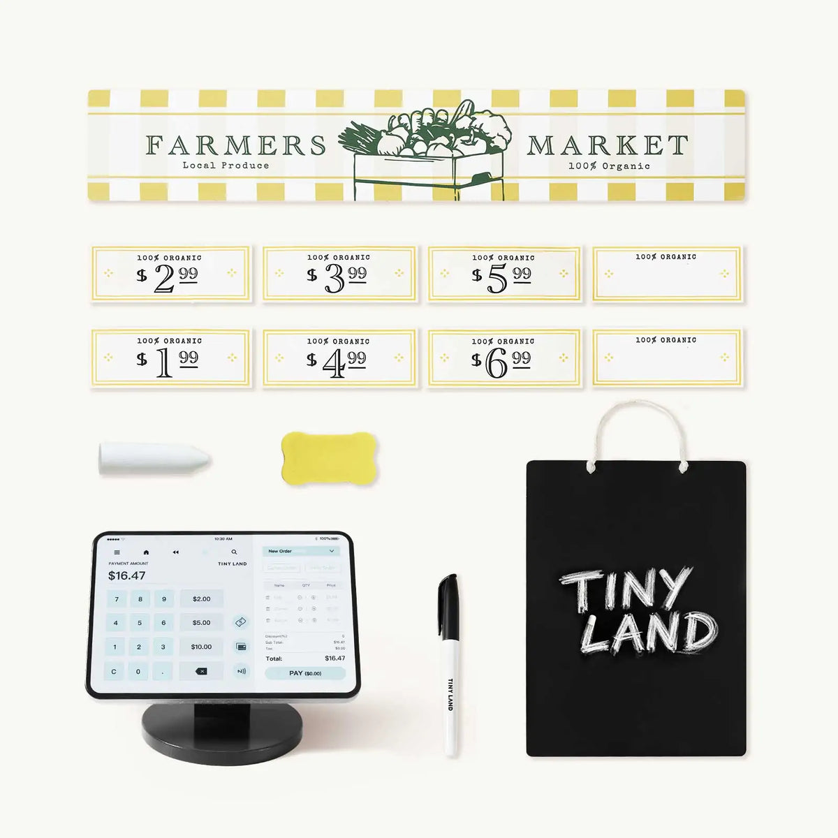 Tiny Land Kid's Grocery Store Playset with Farmers Market sign and six yellow-framed price cards on Tampa Home & Garden Store
