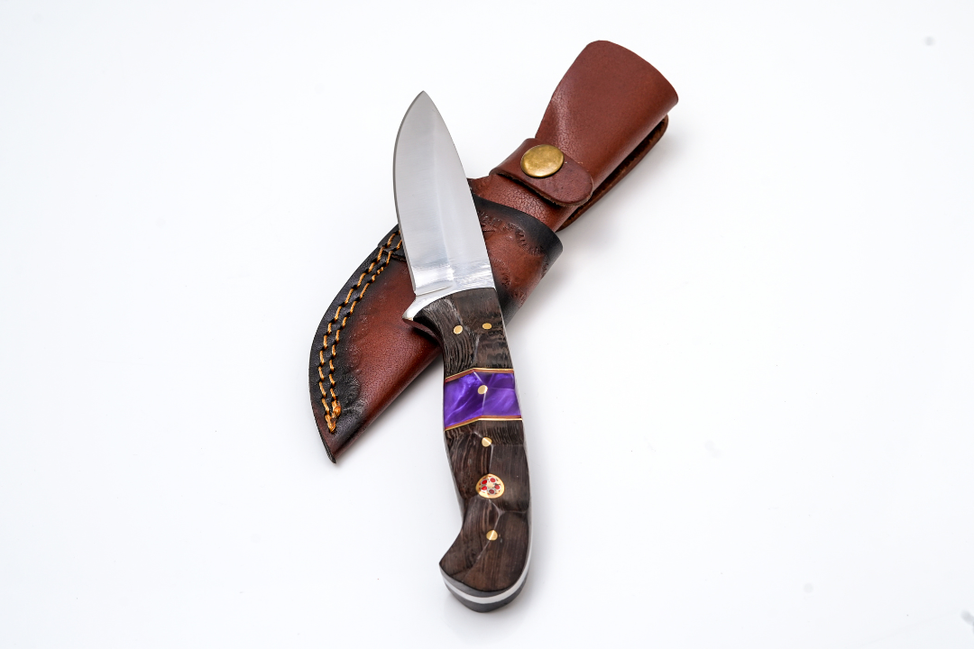 Satin hunter knife with purple pearl resin and textured wood hybrid handle mosaic pin TK-449 on Tampa Home & Garden Store