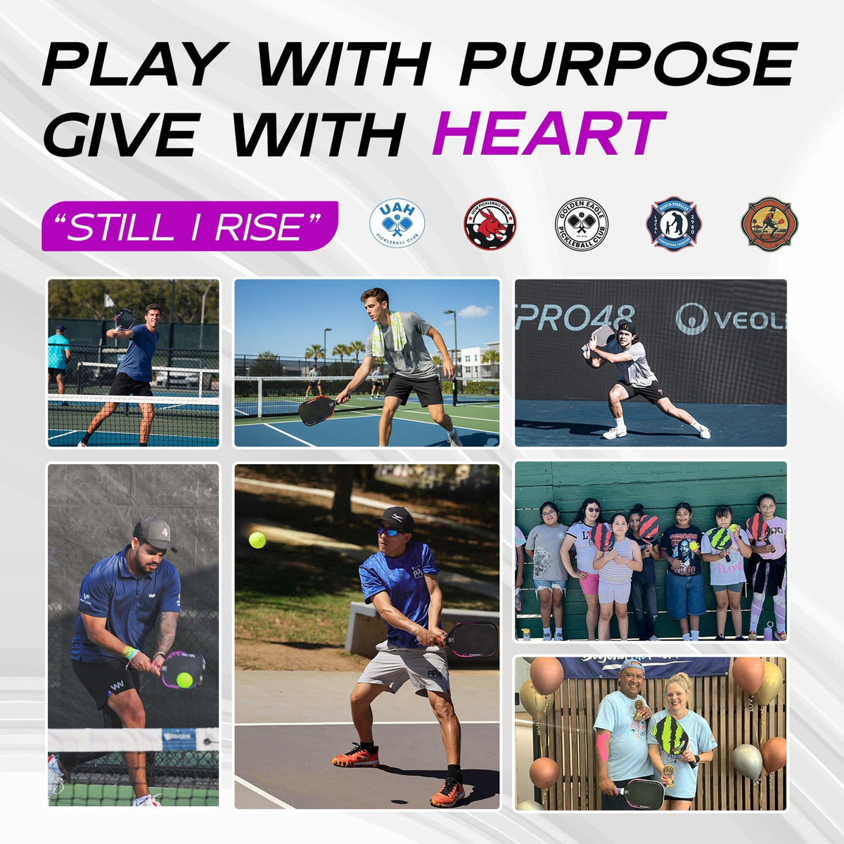 Phoenix pickleball paddle 13.3mm by Warping Point shown in a collage of players on courts on Tampa Home & Garden Store