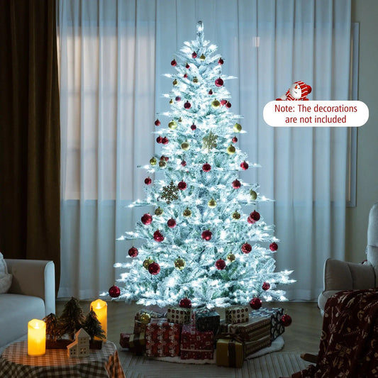 7 ft snow-flocked artificial Christmas tree with cool white LEDs and red and gold ornaments on Tampa Home & Garden Store