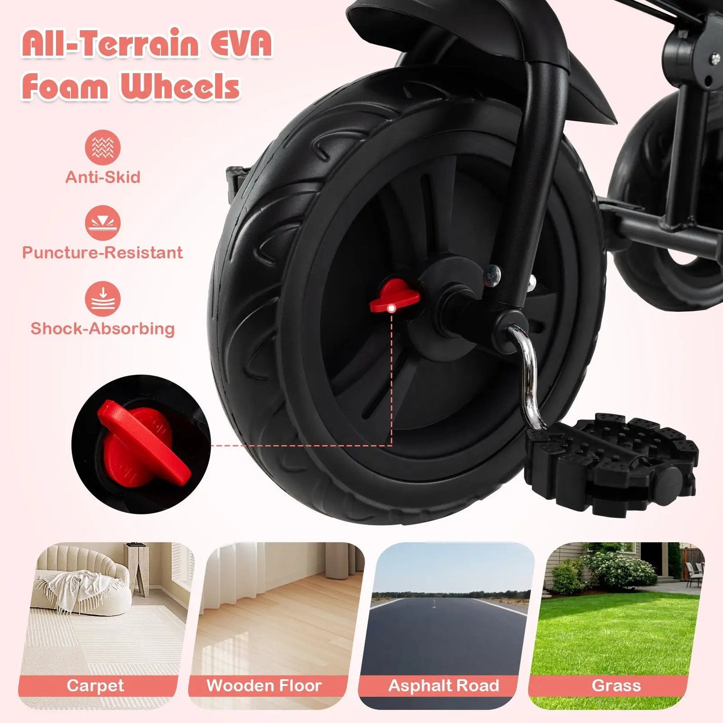 7-in-1 Baby Stroller Tricycle wheel close-up with red adjustment knob DirectDeals on Tampa Home & Garden Store