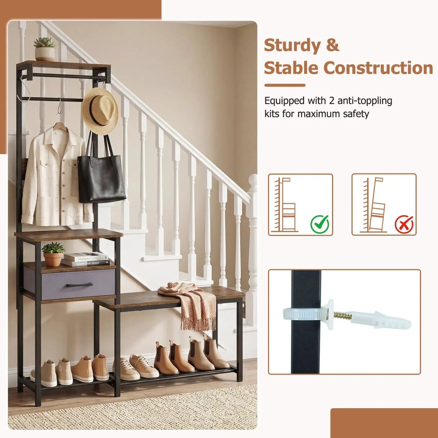 Hall tree with rustic brown finish, shoe bench and storage hooks; jacket, hat and bag hung, shoes neatly below on Tampa Home & Garden Store