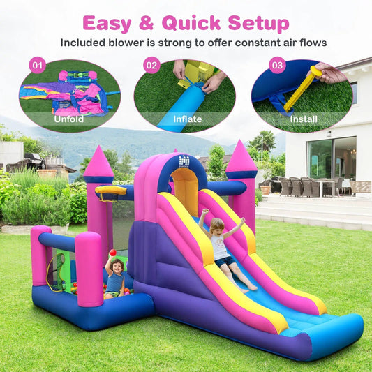 7-in-1 Kids Inflatable Bounce House Slide Blower pink/blue with yellow slide on Tampa Home & Garden Store