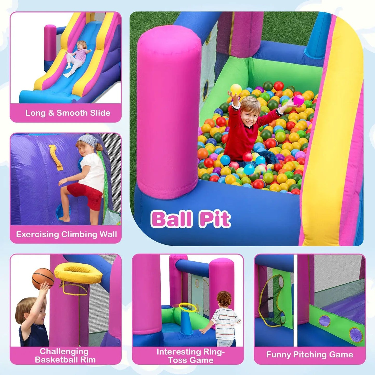 7-in-1 kids inflatable bounce house with long slide and ball pit in bright multicolor on Tampa Home & Garden Store