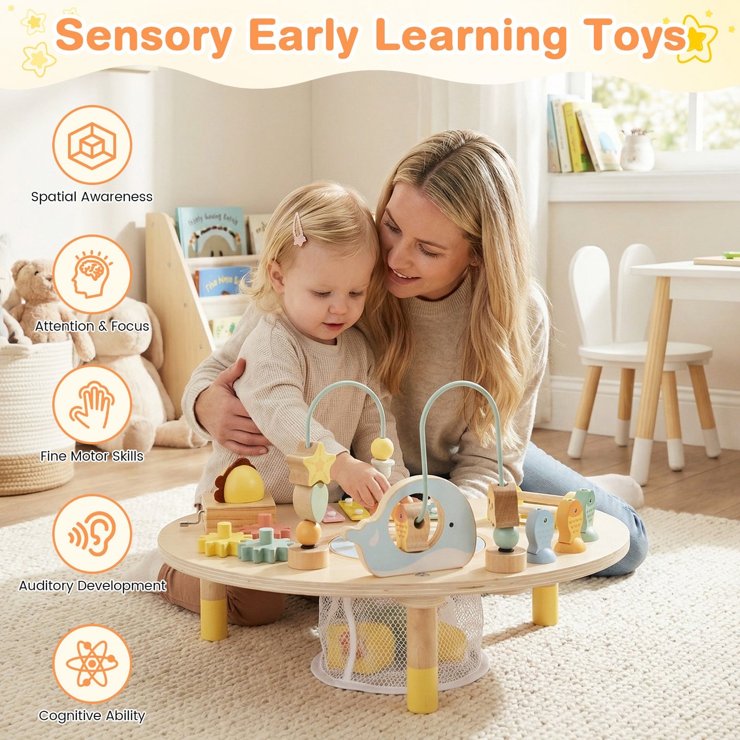 7-in-1 Toddler Activity Table with Montessori beads, wooden bead maze in pastel colors on Tampa Home & Garden Store