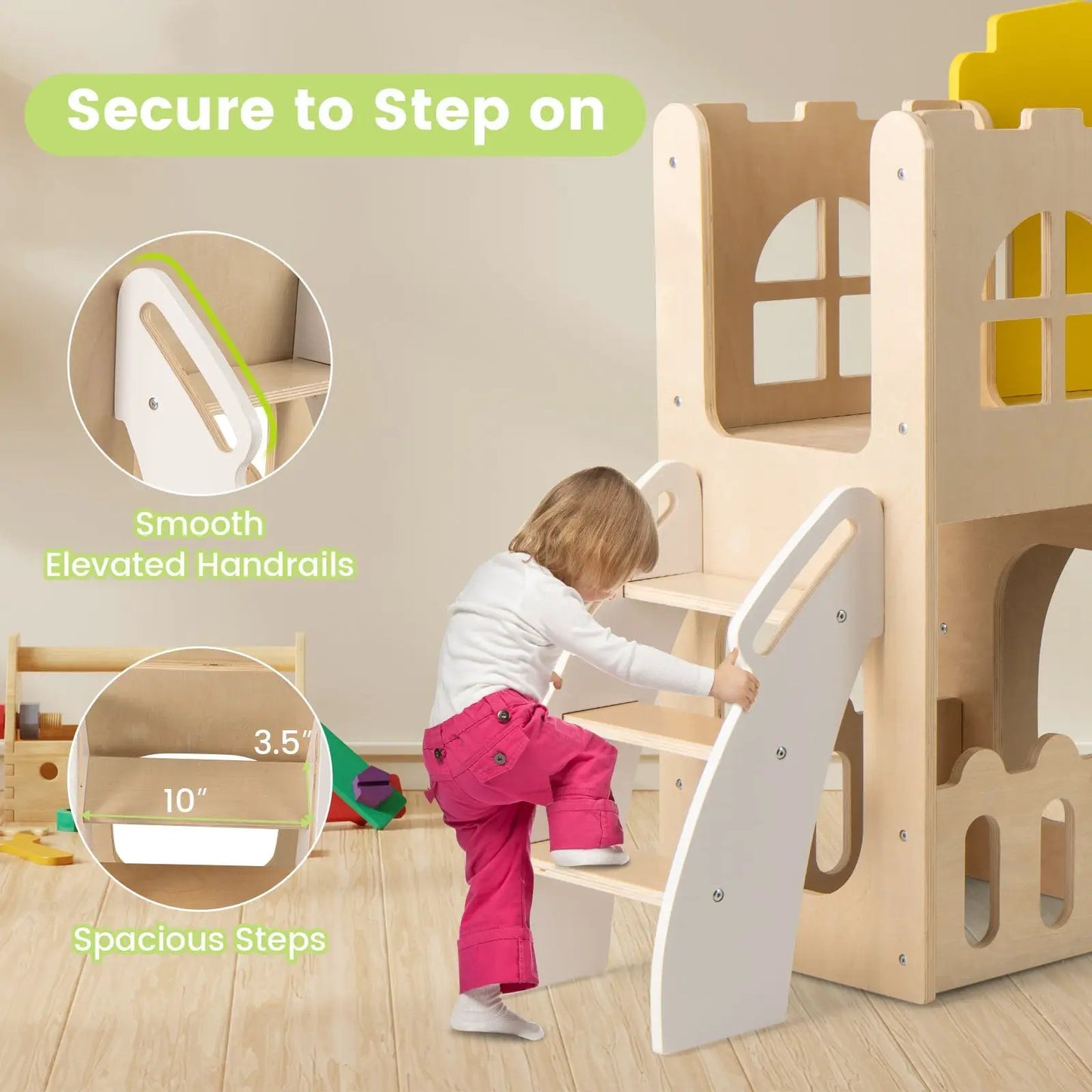 7-in-1 Toddler Slide Set with Climber and Hoop wooden playset with smooth handrails on Tampa Home & Garden Store
