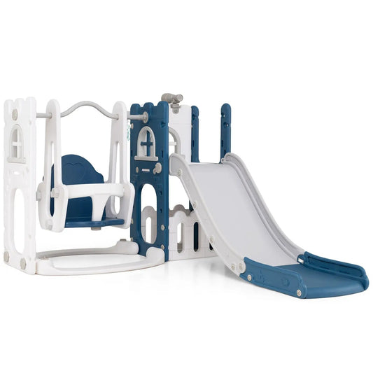 7-in-1 toddler swing and slide set blue and white climber with basketball hoop on Tampa Home & Garden Store