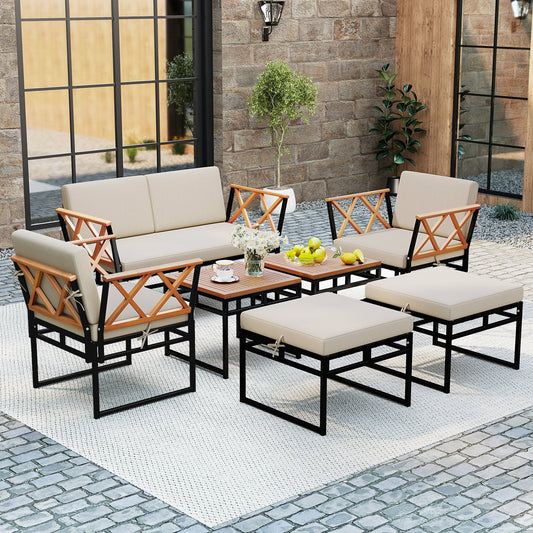 7 Piece Outdoor Conversation Set with Cushions and Bungee Rope Seat-Beige - Tampa Home & Garden Store