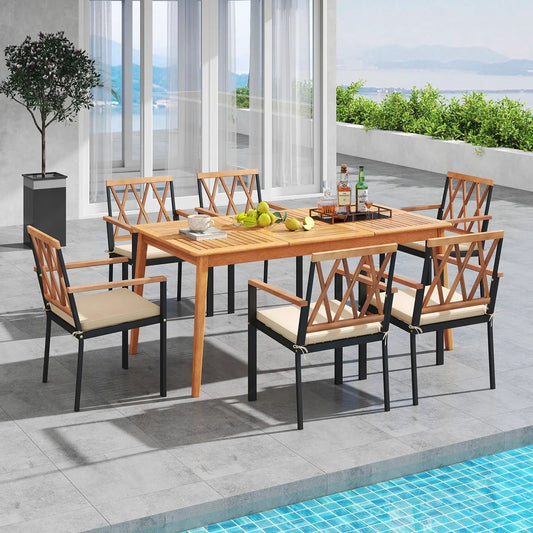 7 Piece Patio Acacia Wood Dining Set Solid Wooden Dining Furniture with Umbrella Hole - Tampa Home & Garden Store