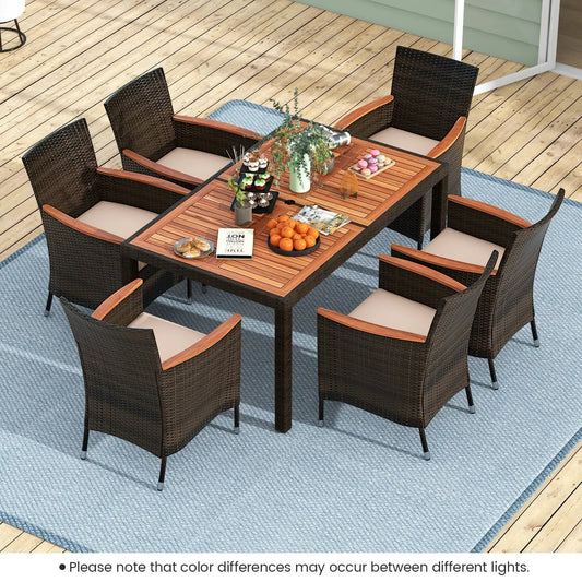 7-Piece Garden Dining Patio Rattan Set with dark brown wicker and cushions around a wood table on Tampa Home & Garden Store