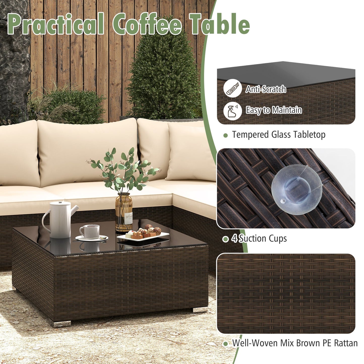 7-Piece patio rattan furniture set with beige cushions and glass-top table DirectDeals on Tampa Home & Garden Store
