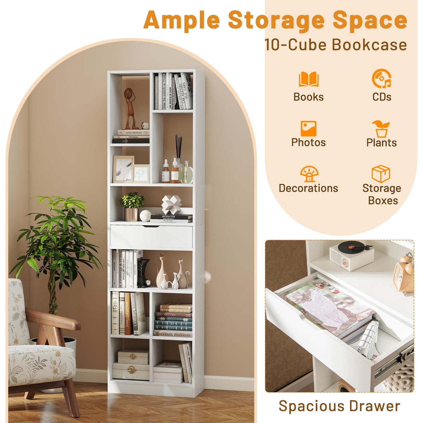 White 7-tier bookshelf with drawer, 180cm floorstanding for books and decor on Tampa Home & Garden Store