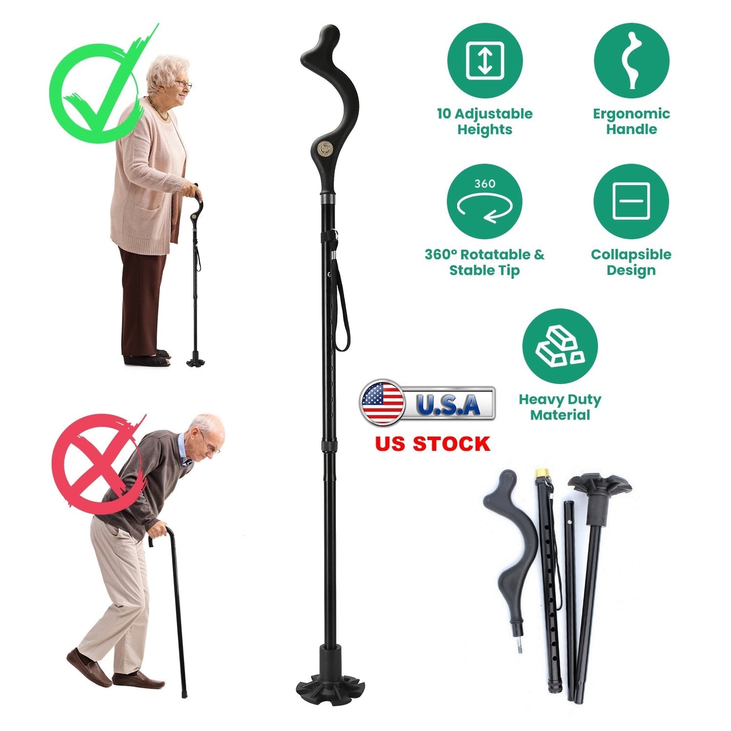 GemGear posture walking cane with curved ergonomic handle, black shaft, 10-height adjustable on Tampa Home & Garden Store