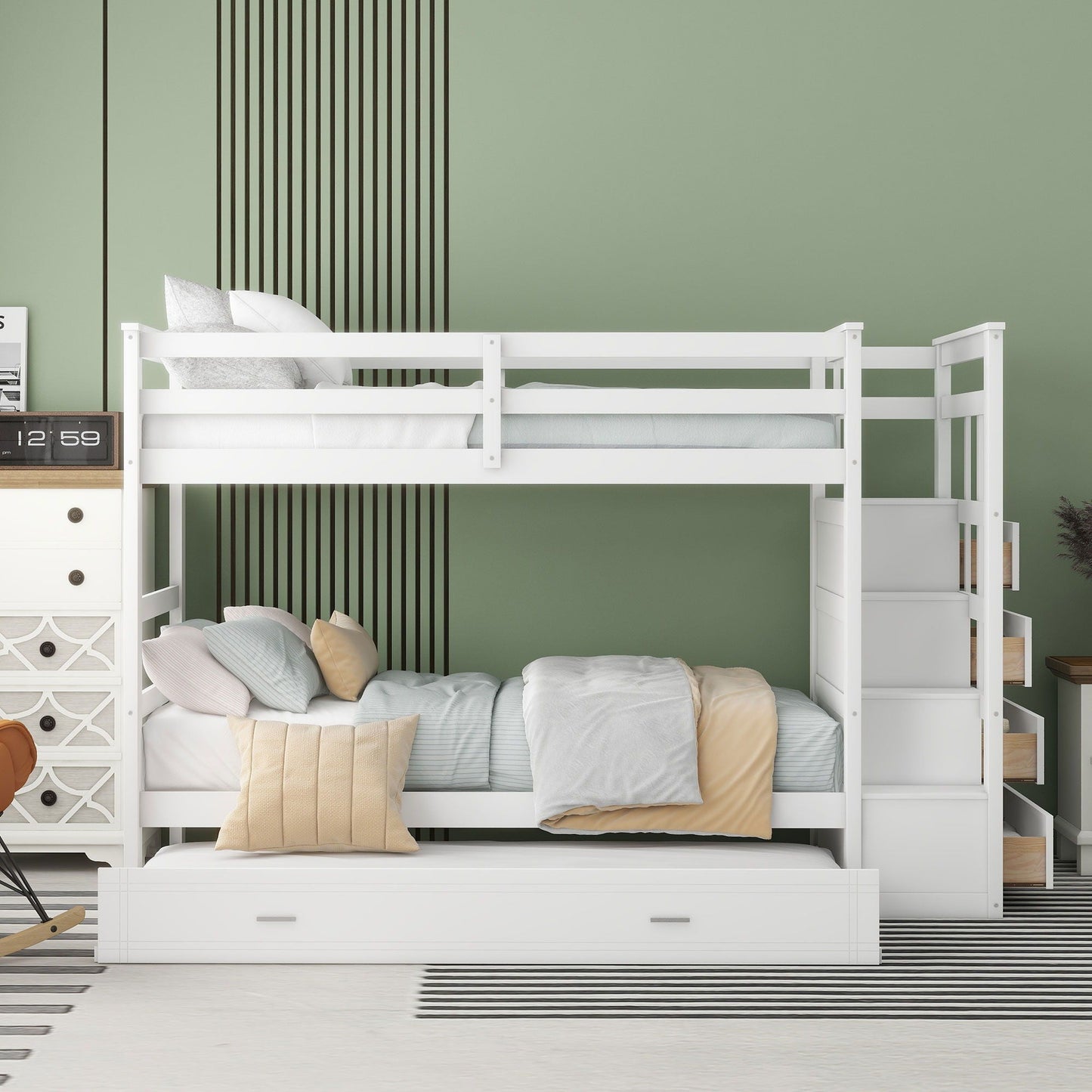 White Twin Bunk Bed With Drawers and Trundle