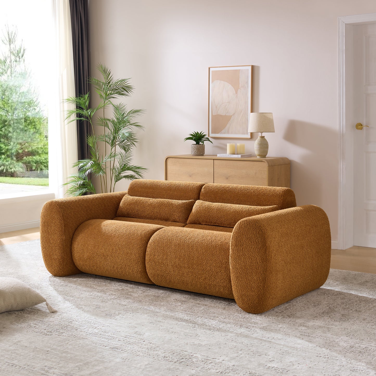 Modern Curved And Boucle Three Seater Sofa