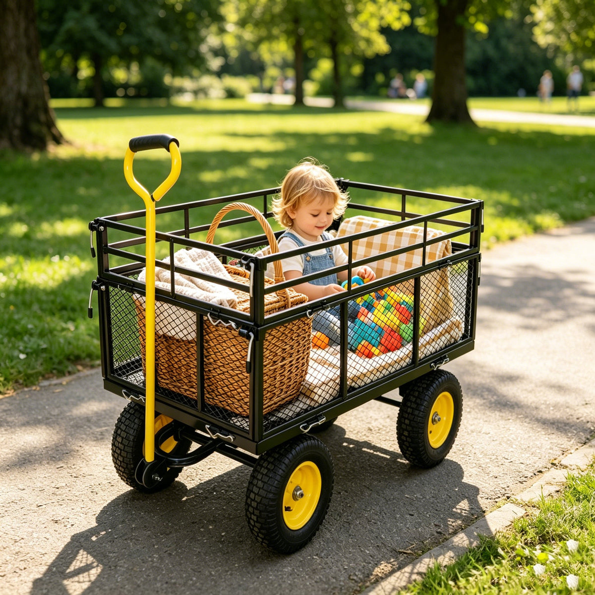 Wagon cart by HouseOfZazla yellow and black with metal frame and yellow wheels child inside on Tampa Home & Garden Store