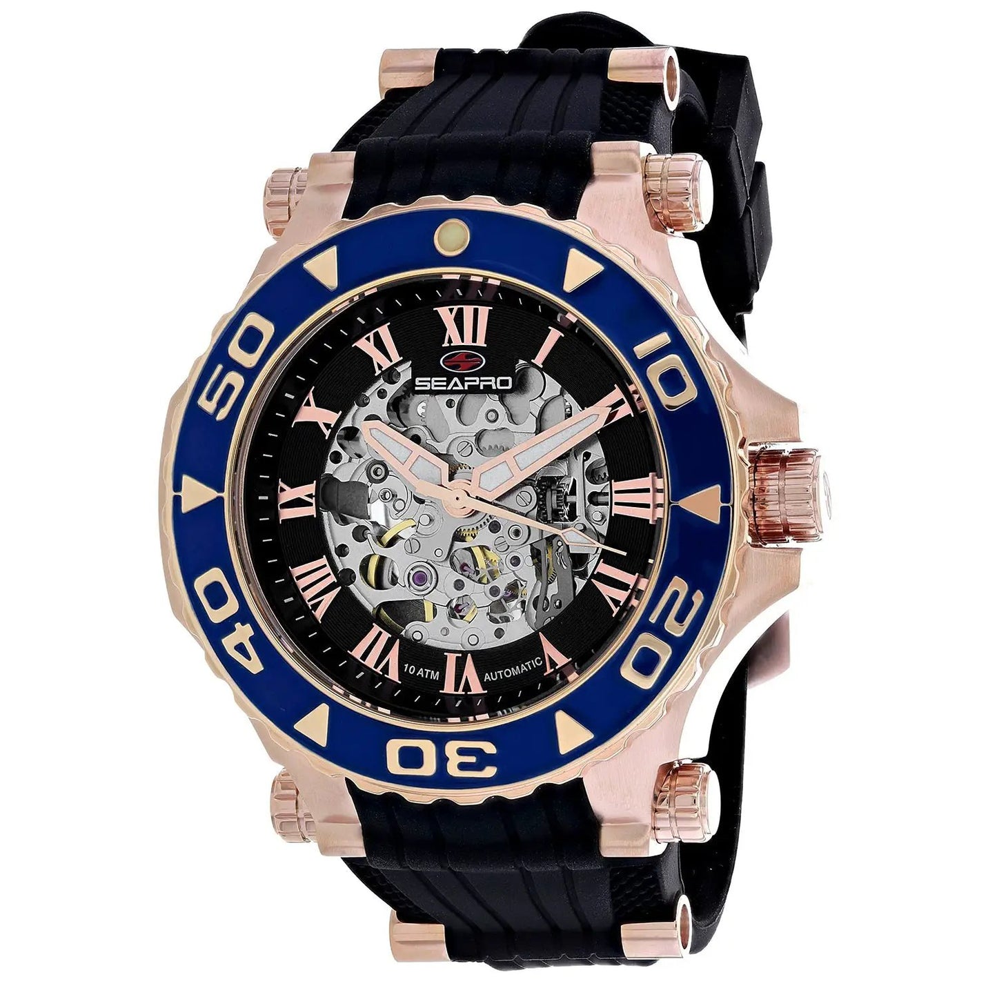 Seapro Seaway men's watch rose-gold case blue bezel skeleton dial black rubber strap on Tampa Home & Garden Store