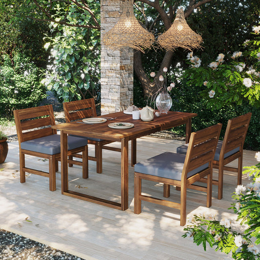 U_STYLE Farmhouse 5-Piece Patio Dining Set by HouseOfZazla, wooden table with blue cushions on Tampa Home & Garden Store