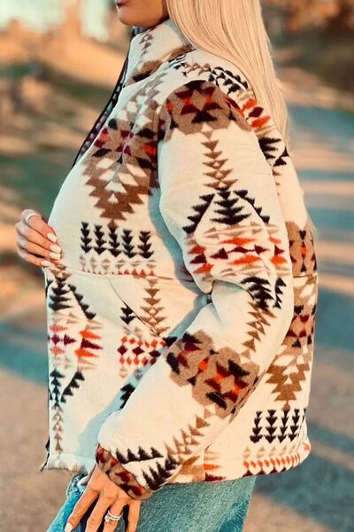 Vintage zip-up mock neck jacket with cream base, brown, black rust motif lightweight outerwear on Tampa Home & Garden Store