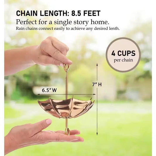 Copper umbrella rain chain 8.5 ft with 4 cups for gutter downspout on Tampa Home & Garden Store