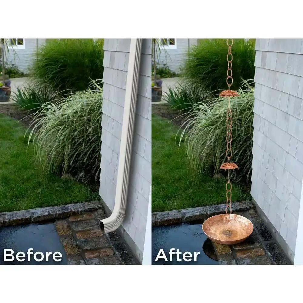 Copper umbrella rain chain for gutter downspout, 8.5 ft, with hanging umbrella discs and bottom basin on Tampa Home & Garden Store