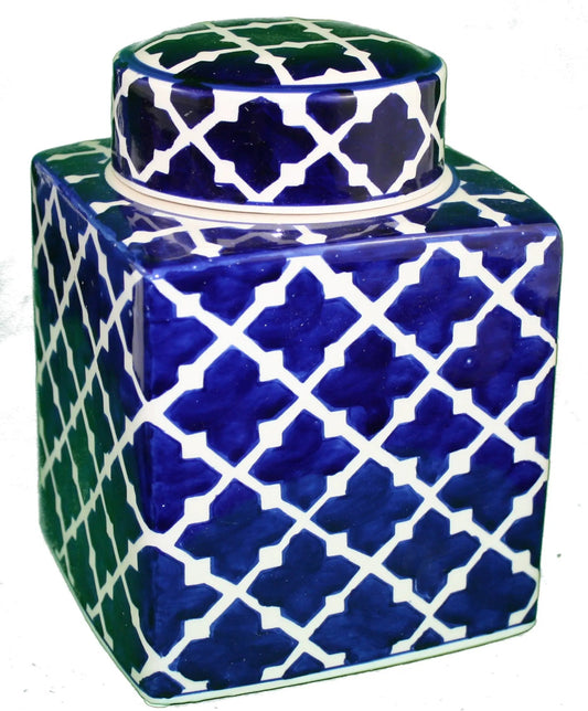 8.5in cobalt blue ceramic jar with lid white lattice pattern The Country Christmas Loft on Tampa Home & Garden Store