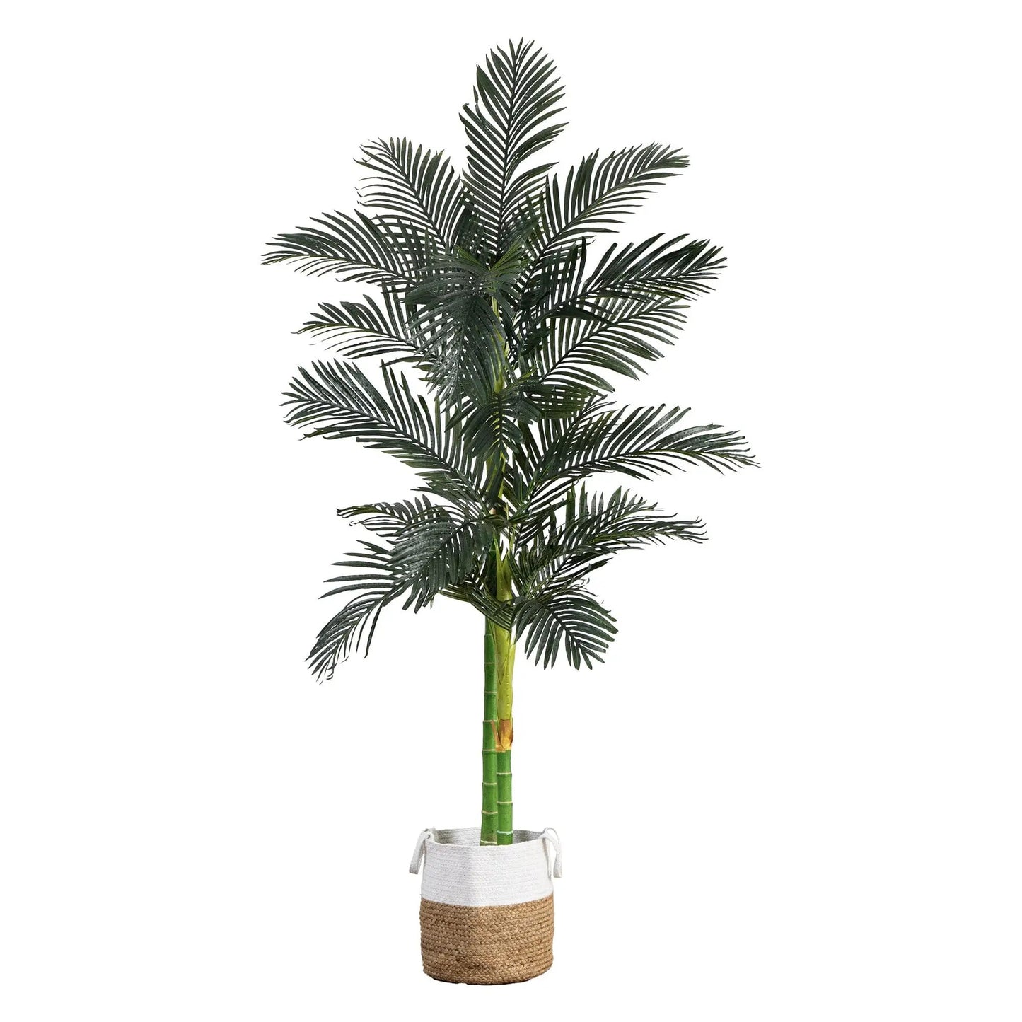 Golden Cane artificial palm tree with dark green fronds in a white and natural jute planter on Tampa Home & Garden Store