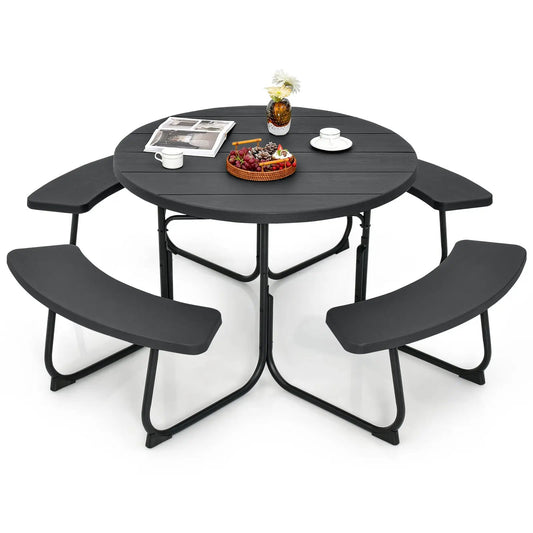 8 Person Picnic Table and Bench Set Umbrella Hole